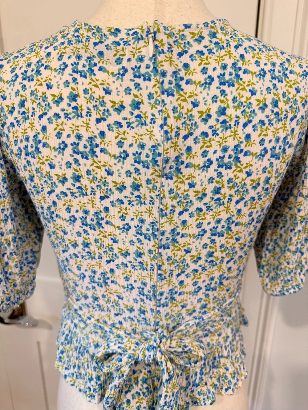 Faithfull the Brand Mona Blue and White Floral V-Neck Peplum Blouse